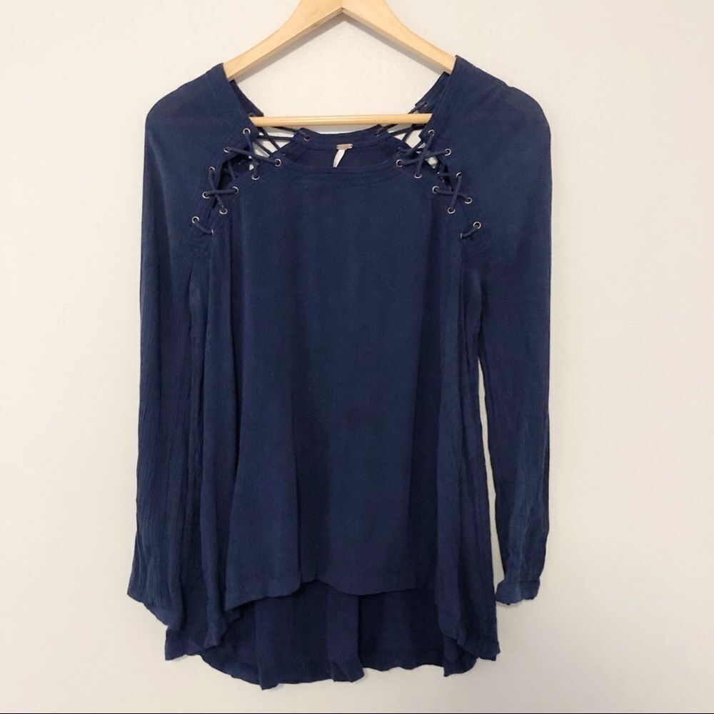 Free People Lace Up Shoulder Top Navy Blue XS